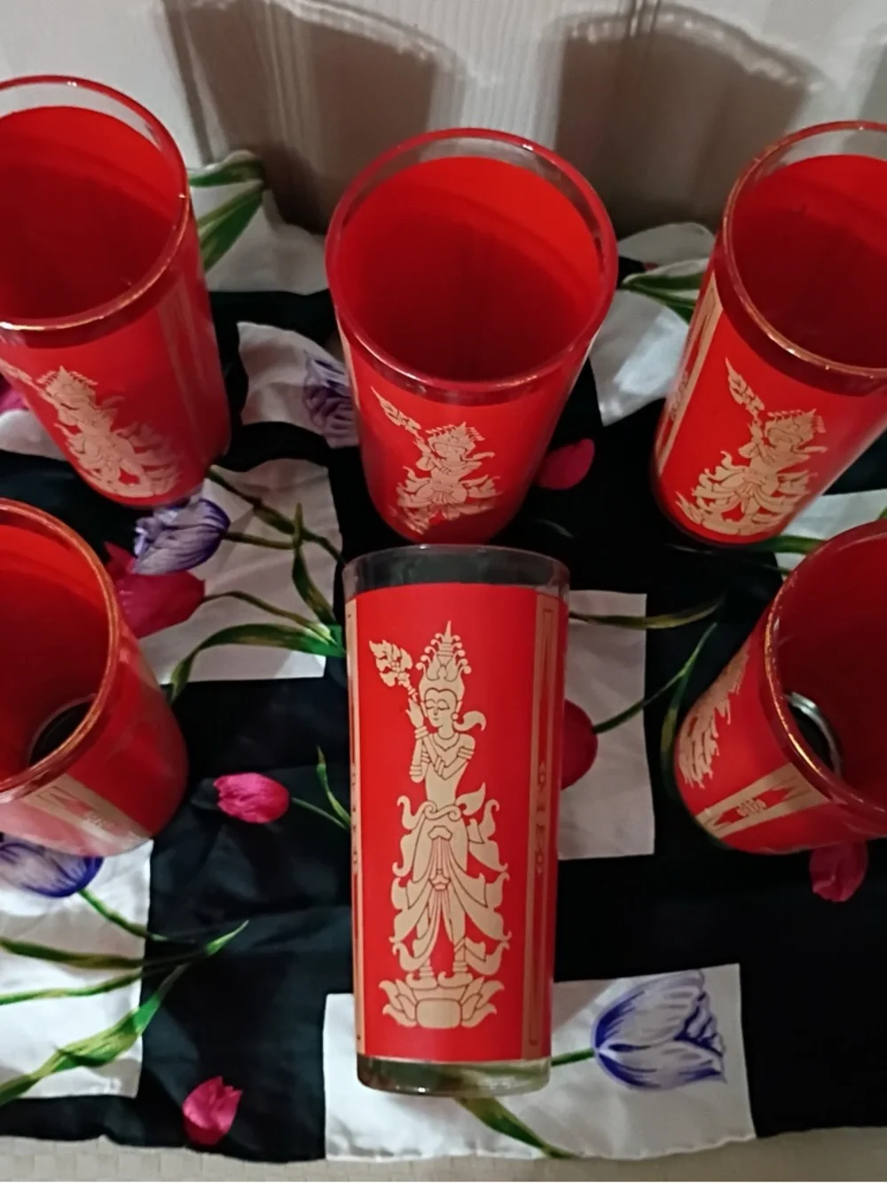 Culver 1960s highball glasses lot of 6 featuring Thai goddess motif in red/gold.